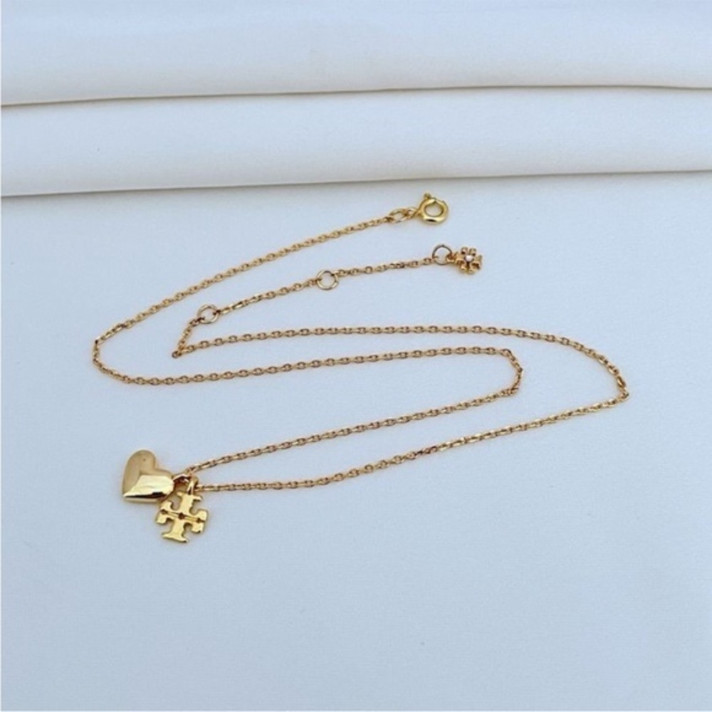 TORY BURCH Gold Heart and Logo Charm Chain Necklace